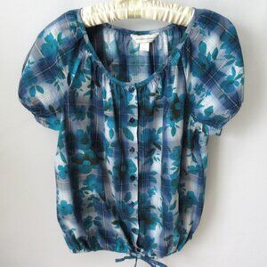 Christopher & Banks blue floral plaid tie front short sleeve blouse *Sz M*
